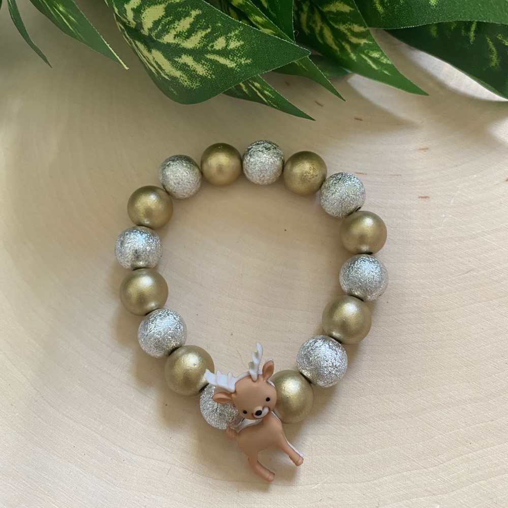 Gold & Silver Wood Beaded Reindeer Charm Bracelet